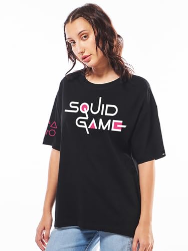 Bewakoof Official Squid Game Merchandise Women's Typography Oversized Fit Half Sleeve Round Neck Cotton Jersey T-Shirt_655109_Black_3XL