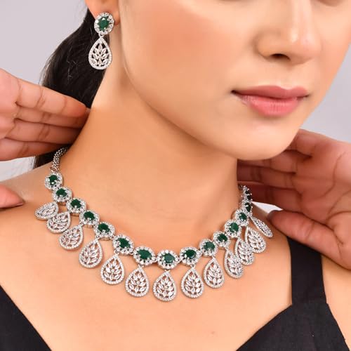 VOYLLA Sparkling Elegance Radiant Reverie American Diamond Necklace Set |Necklace Sets For Women| Short Necklace Set For Women|Wedding|Party|Gift For Women|American Diamond|Cz Necklace Sets|