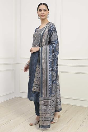 Biba Women Navy Blue Silk Tussar Hand Embroidered Unstitched Suit Set_FREE SIZE