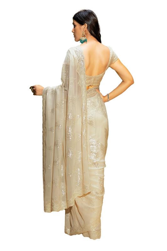 Soch Womens Cream Georgette Saree With Sequins