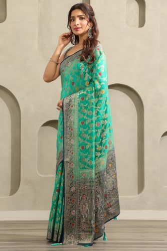 Soch Womens Teal Viscose Botanical Zari Woven Saree With Stone Work