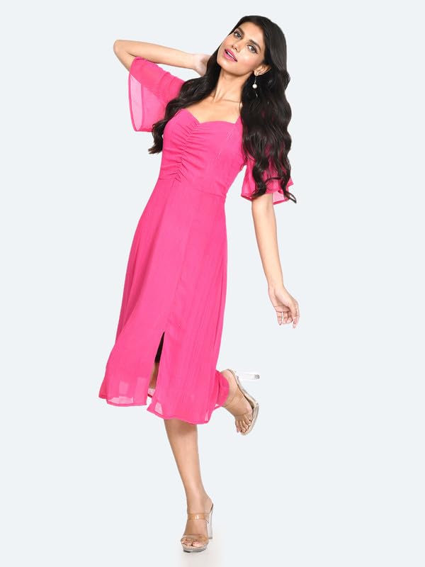 Zink London Women's Pink Solid Short Sleeves Midi Dress