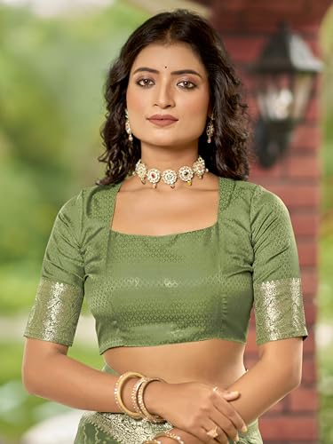 MANOHARI Women's Most Trendy Banarasi Satin Silk Woven Olive Green Saree With Heavy Jacquard Work Saree With Blouse Piece_MN2031