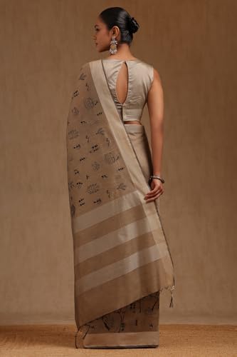 Soch Womens Beige Chanderi Warli Print Saree With Thread Work