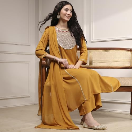 Biba Women's Rayon Kurta, Bottom, Dupatta (SKDMRIGL31307AW25MUST