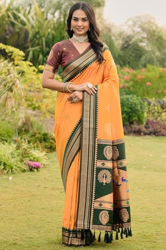 SGF11 Women's Kanjivaram Soft Silk Saree With Unstiched Blouse Piece (Yellow)