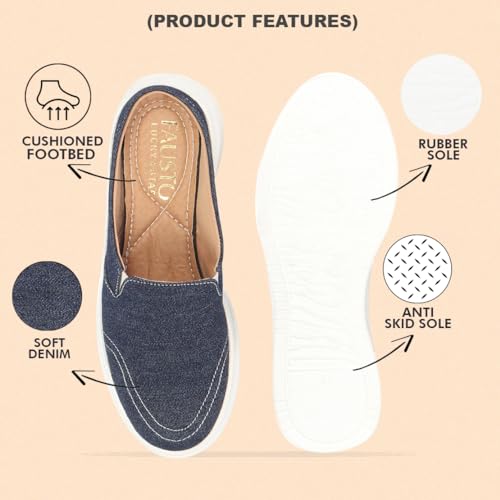 FAUSTO FST FJDWC-7014 NAVY-38 Women's Navy Blue Fashion Classic Stitched Upper Denim Open Back Slip On Height Enhancer Casual Shoes (5 UK)
