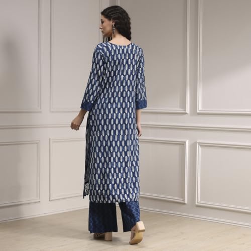 Biba Women Blue Cotton Hand Embroidered Unstitched Suit Set FREE SIZE