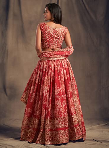 Zeel Clothing Women's Organza Floral White Semi-Stitched Lehenga Choli (7617-Red-Women-Floral-Lehenga-Latest, Corel Red)