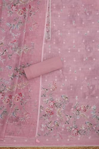 Soch Womens Blush Pink Linen Botanical Print Unstitch Dress Material With Sequins