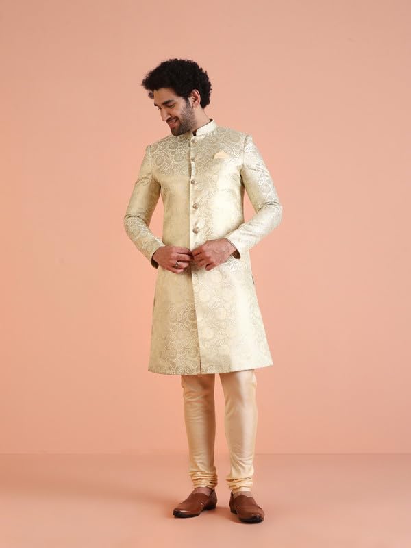 KISAH Men's Indo-Western Sherwani, Green Silk Blend, Woven Design Regular Fit Mandarin Collar Long Sleeves