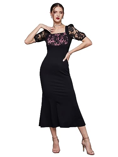 Miss Chase Women's Square Puff Sleeve Solid Lace Overlaid Ankle Length Dress (MCSS23D79-01-62-05, Black, L)