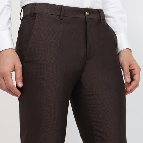 Raymond Men Slim Fit Structure Pattern Poly Viscose Blend Flat Front Formal Trouser Dark Brown