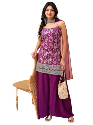 MAVIXA Women's Embroidered Kurta and Sharara with Dupatta | Wedding Suit | Kurta Set | (IN, Alpha, XS, Regular, Purple)