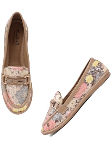 KLAUR MELBOURNE Women’s Textured Ballet – Elegant Pointed-Toe Slip-On Flats with Gold Chain Bit Detail & Cushioned Insole