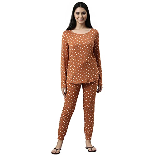 Enamor Essentials-Relaxed Fit Soft, Drapey Printed Top & Jogger Lounge Set for Womens-EC19 (EC19_Terra Cotta Circle Aop_2XL)