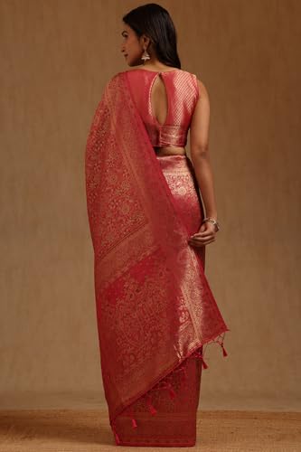 Soch Womens Fuchsia Tussar Floral Zari Woven Saree