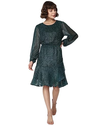 VERO MODA Women Textured Polyester Knee Length Green A-Line Dress