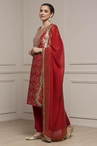 Biba Women Red Viscose Rayon Straight Yarndyed Suit Set_36