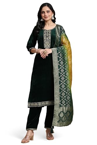 TRENDMALLS Women's Velvet Embroidery Salwar Suit Set Kurta Pant with Dupatta (G234-Green-XXL)