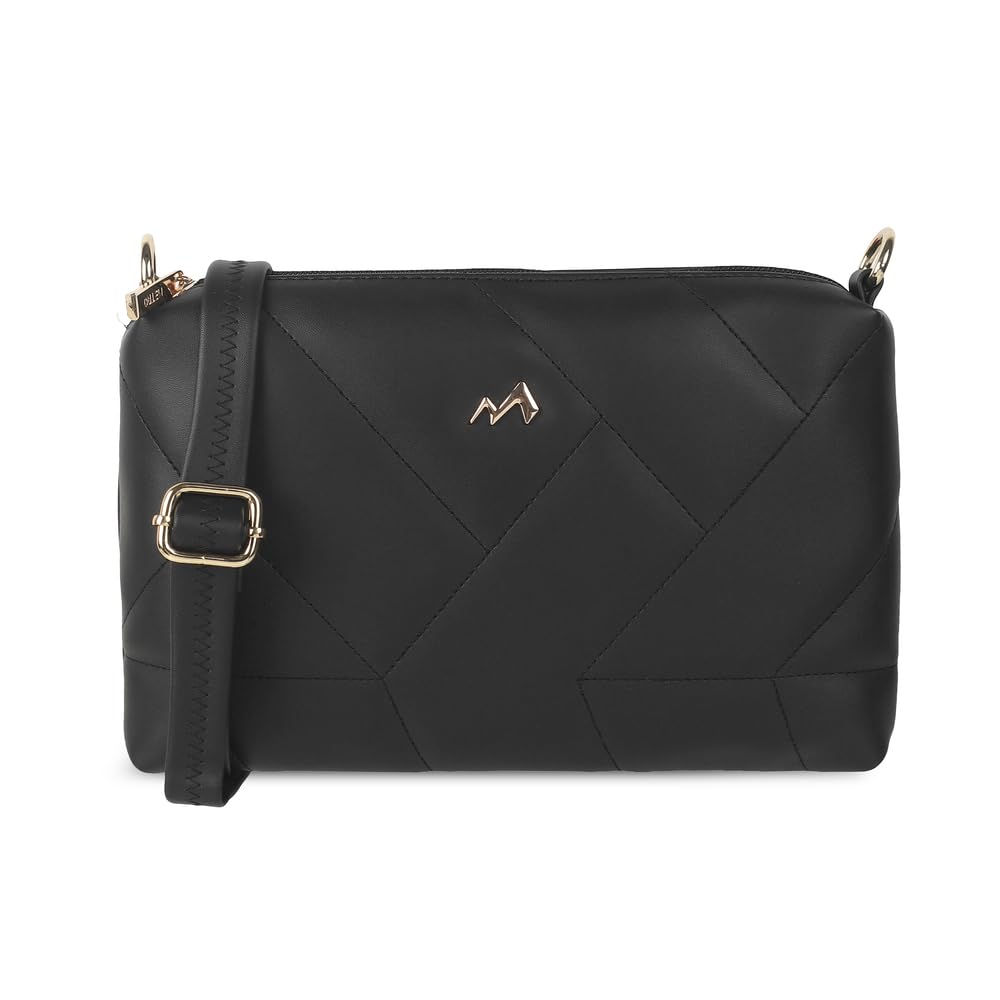 Mochi Women Black Faux Leather Quilted Sling Bag with Zipper Closure (66-8390)