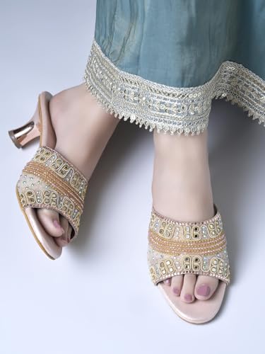 Shoetopia Women’s Rose-Gold Embellished Block Heel Sandals | Slip-On Party & Wedding Heels with Beaded Strap luxury footwear EU41
