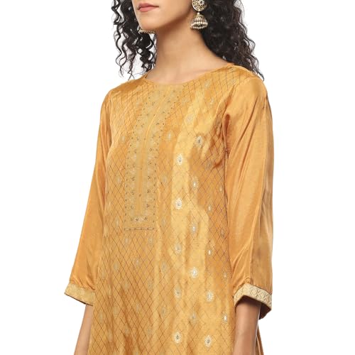 BIBA Women YARNDYED STRAIGHT SALWAR KURTA DUPATTA(SKD9645_MUSTARD_34)