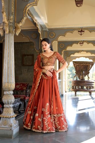 JIHU CULTURE Women's Orange Sequence Embroidery Work Silk Semi-Sttiched Lehenga Choli-JH290ORG