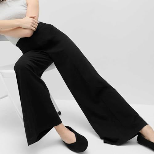 Marks & Spencer Solid Black Viscose Womens Wide Leg Jersey Stretch Trousers