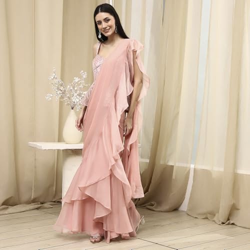 BIBA Women Nude-Colored Peplum Pre-Draped Saree_34