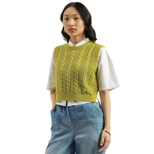 United Colors of Benetton Round Neck Textured Cable Knit Sweater (Size: M)-25A1594D108YGL43 Green