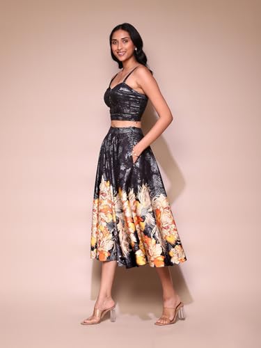 Label RITU KUMAR Black Floral Top with Skirt Co-ord Set
