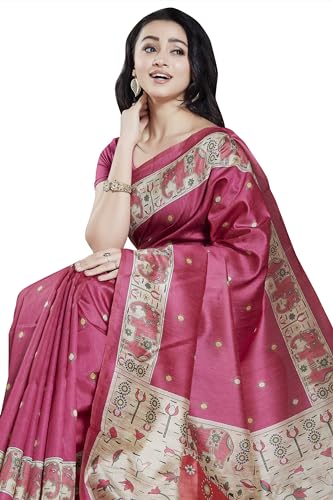 RANI SAAHIBA Women's Printed Art Tussar Silk Madhubani Saree With Blouse Piece (SKR11590_Magenta)
