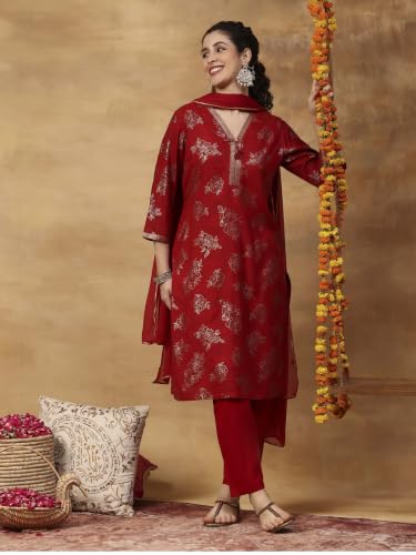 Rangriti Rayon Printed Straight Festive Kurta With Salwar And Dupatta