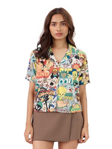 The Souled Store Official Looney Tunes: Vintage Vibe Viscose Short Sleeve Collared Neck Button Down Regular Fit Summer Shirts for Womens & Girls- Retro Cartoon Chic Multicolour