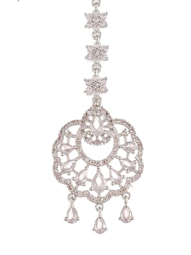 Silvermerc Designs Silver Plated White American Diamond Floral Maang Tikka for women/Girls