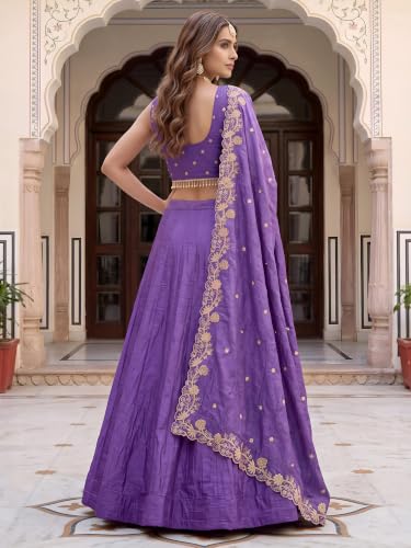 Zeel Clothing Women's Zari Sequins Embroidered Work Crush Silk Lehenga Choli With Dupatta (5136-Purple-Women-Lehenga-Choli; Free size)