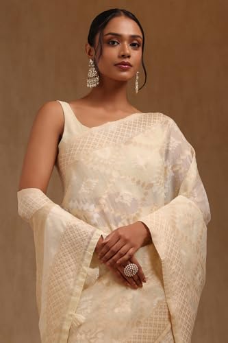 Soch Womens Cream Linen Woven Design Saree With Zari Woven