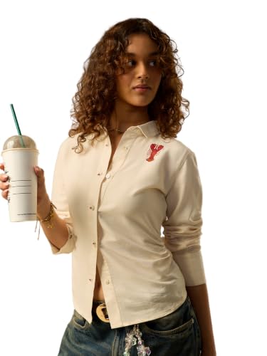 The Souled Store I'm Fab Women and Girls Full Length Collared Cream Embroidered Polyester Slim Fit Wrinkle Resistant Lightweight Everyday Shirt for Casual Street Wear