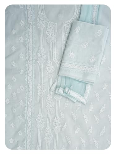 Ada Hand Embroidered Lucknowi Chikankari Unstitched Cotton Dress Material Suit Piece with Dupatta for Women 01A871569 Sky Blue