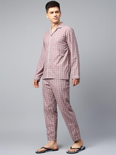 English Navy Men Checked Night Suit Mauve M, Machine Washable Easy Care Fabric, Soft Breathable Fabric for a restful Night, Gentle on Skin for All Night Comfort