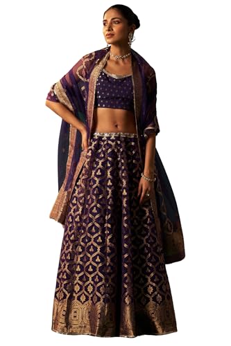 Wishful Women's Purple Zari Embroidered Jacquard Blouse with Flared Skirt and Dupatta Set (SP13158-314521-L)