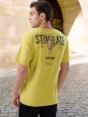 Status Quo Men's Oversized Round Neck Half Sleeves T-Shirt with Back Typography Print | 100% Cotton | Lime | S