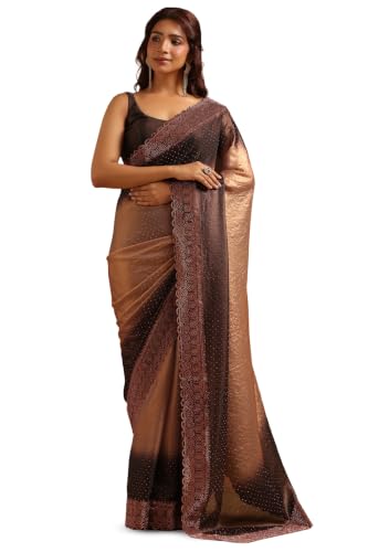Soch Womens Brown Fendy Organza Ombre Stone Embellished Saree