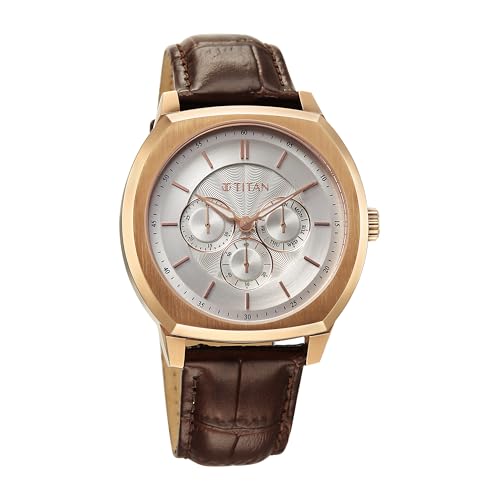 Titan Regalia Arc Analog with Day Date Second Subdial and Silver Dial Brown Leather Strap Watch for Men - 90213WL01