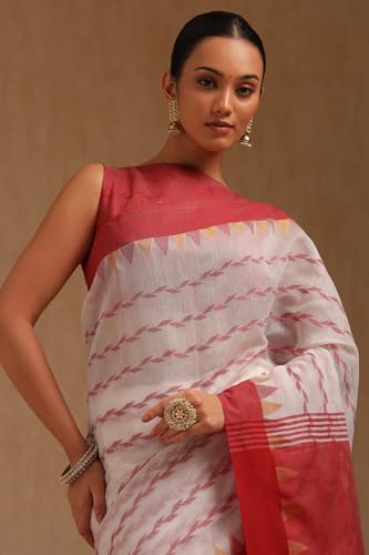 Soch Womens White Cotton Woven Design Saree