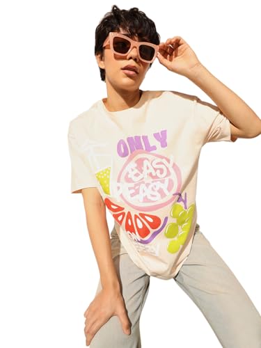 ONLY Women's Loose Fit Beige T-Shirt