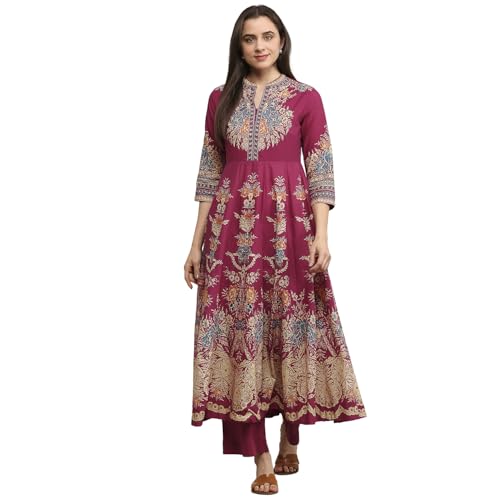 Biba Women Magenta Cotton Kalidar Printed Kurta Pants Set_36