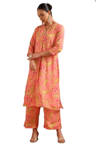 Soch Womens Peach Viscose Botanical Embroidered Co-Ords Set