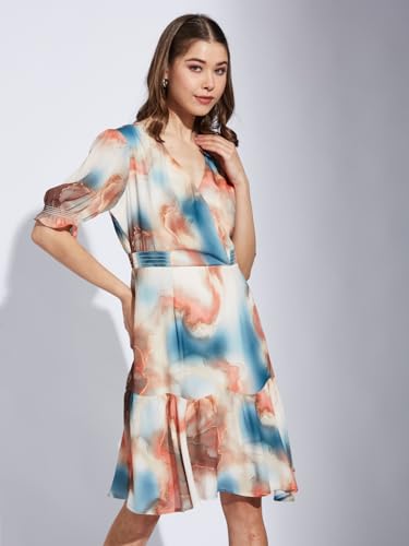 Latin Quarters Women Orange V-Neck Half Sleeve Printed A-Line Dress_M